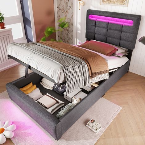 Lit simple 90x200cm avec coffre hydraulique et tête de lit capitonnée gris - LED, appli, USB - Moderne et fonctionnel (sans Matelas) (1/5)