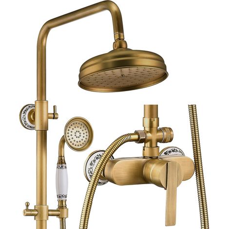 Duschsystem Antik Duschsäulen Einstellbar Regendusche Set Wandhalterung Brausegarnitur Antik Messing Duschset mit 20cm Drehbar Duschkopf, Handbrause (1/5)