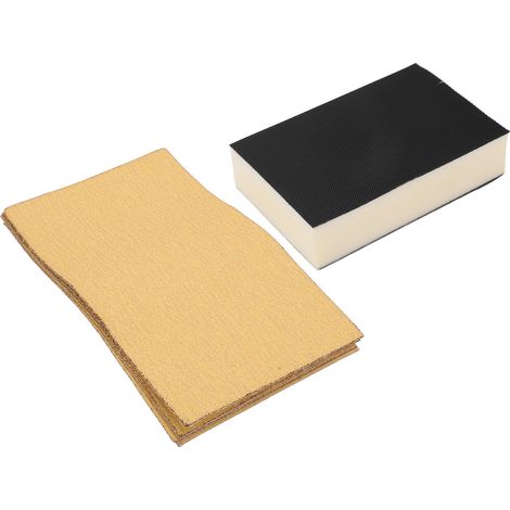 7-teiliges Set bestehend aus einem Handschleifklotz, robustem Schleifpapier und einem Schleifschwamm mit gelber Beflockung. (1/5)