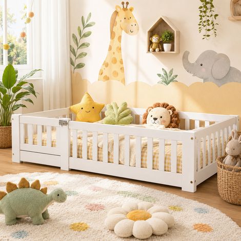 Lit Montessori au Sol 90x200 cm avec sommier, Lit enfant en pin massif blanc avec barrières anti-chute, Jusqu’à 230 kg - Montage Facile - pour Garçon et Fille