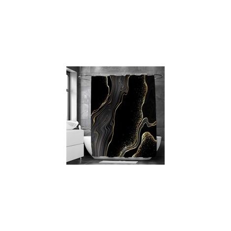 Rideau Douche Marbre Noir, Rideau de Douche Effet Gris Or Petite Taille Rideau de Baignoire Anti Moisissure Imperméable Tissu Polyester Lavable Rideau Salle de Bain avec 11 Crochet 180x200cm