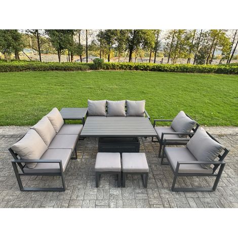 Fimous 8 Piece Garden Furniture Set 10-Seater Aluminium Outdoor Dining Set with Adjustable Rising Lifting Dining Table & Cushions Side Table Dark Grey (1/5)