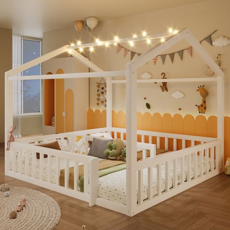 Lit cabane enfant 90-180x190 cm blanc, lit modulable avec barrière, tiroir et sommier inclus, matelas non fourni
