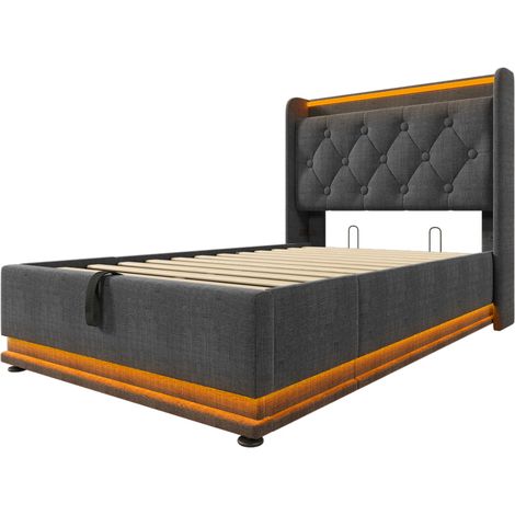 Bett mit Bettkasten 90 x 200 cm, grau in Leinenoptik, mit Matratze, LED, USB und USB-C, MODENUIT (1/5)
