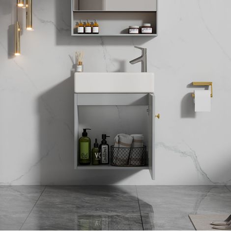 Mueble de lavabo suspendido 46x26x56 cm en MDF gris y blanco, almacenamiento compacto – MEUBLIV (1/5)