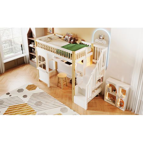 Letto a soppalco 90x200 cm con scrivania, LED, vano aperto, bianco naturale DESVIAE (1/5)