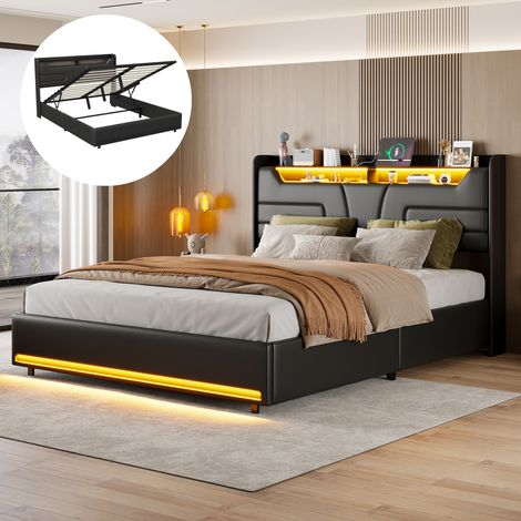 Cama con contenedor 160x200 cm, con iluminación LED, función de recarga USB, PU, compartimentos abiertos, compartimento hidráulico, somier de láminas - Negro