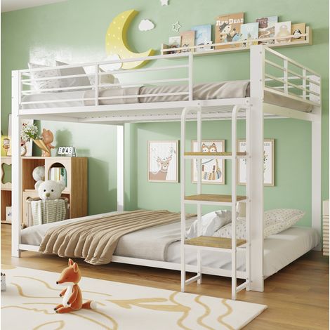 Etagenbett 140/200 cm in Weiß aus MDF und Metall mit Holztreppe und hoher Belastbarkeit (1/5)