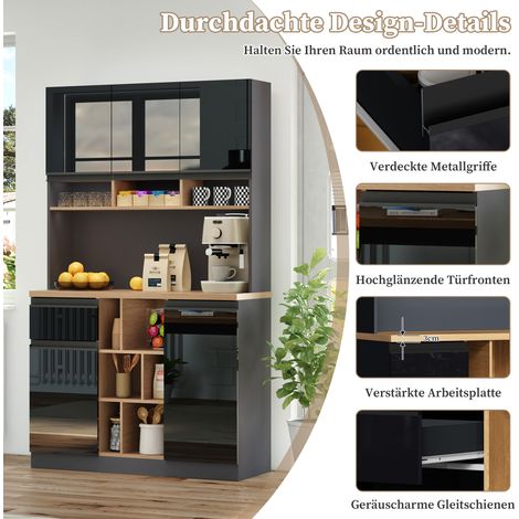 Meuble de rangement cuisine contemporain 105x45x185 cm, finition gris/noir, poignées métalliques, étagères ajustables, tiroirs intégrés, niches ouvertes, dispositif anti-chute, parfait pour cuisine, s (1/5)