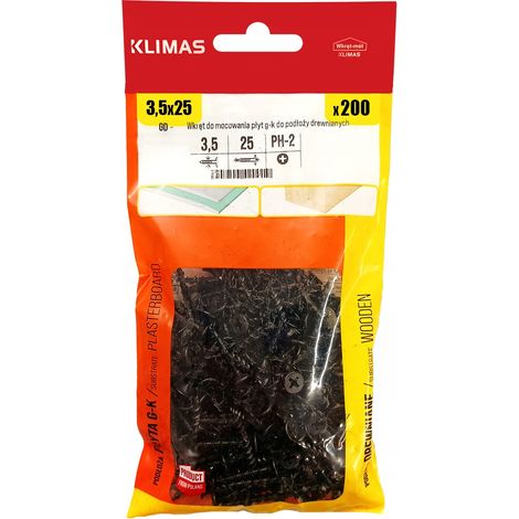 Vis Pour Bois Et Plaques De Plâtre Klimas, 3.5 x 25 mm, Noires PH2 Phosphatées, Boîte 200 Pièces (1/5)