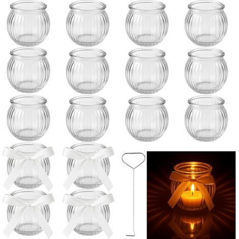 Lot de 16 Photophore Verre Rond avec Ruban Blanc (1/5)