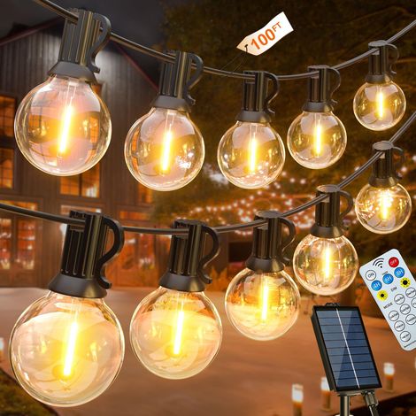 Guirlande lumineuse solaire d'extérieur 30 m – avec 50 + 2 ampoules G40, guirlande étanche, 8 modes,pour fête des Pères et Noël (lumière blanc chaude)