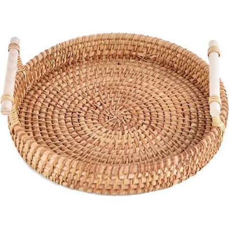 Plateau de rangement en rotin tissé à la main avec poignée en bois Panier rond Pain Assiette alimentaire Plateau de gâteau aux fruits D (1/5)