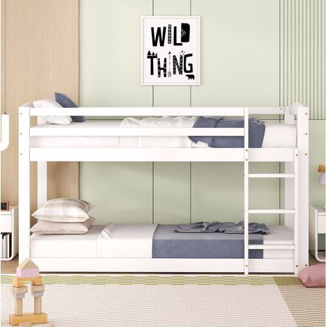 Litera infantil de madera de pino y MDF blanca 90x200 cm, diseño bajo con somier de láminas (1/5)