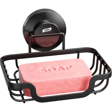 Porte-savon à ventouse (noir), support pour savon de douche mural, plateau égouttoir pour salle de bain, baignoire, cuisine (1/5)