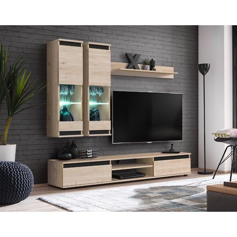 Ensemble TV mural moderne bois et noir avec vitrines OUDINI (1/2)