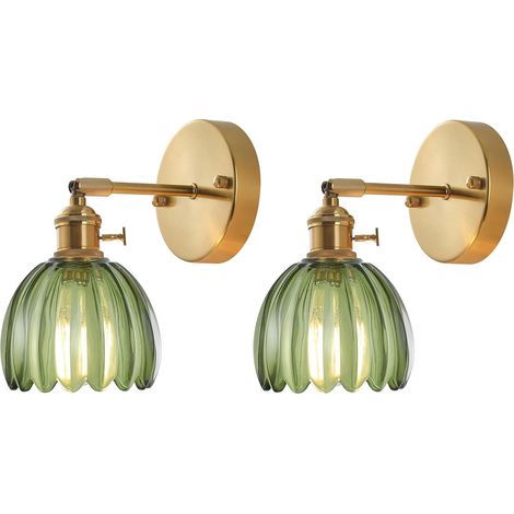 Lot de 2 Appliques Murales, Vintage Industrielle Lampe Murale avec Interrupteur en Métal Doré et Cristal, Luminaire Mural pour Couloir, Chambre, Salon, Douille E27 (VERT) (1/5)
