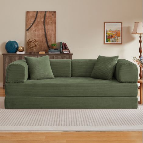 CHICFURN Canapé convertible 2 places vert en velours côtelé, sofa lit pliable avec 2 coussins, structure en acier chromé, pour salon, chambre et appartement (1/5)
