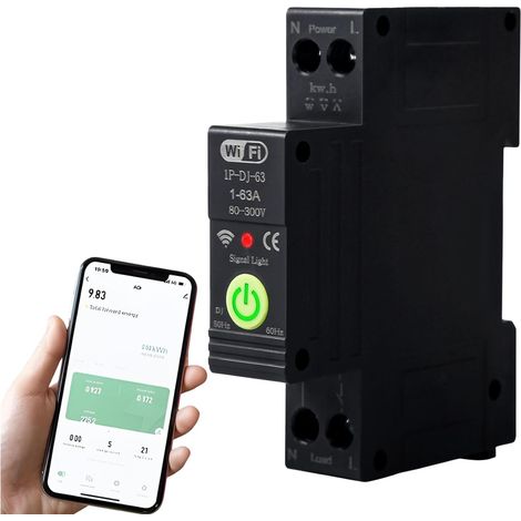 Disjoncteur Téléphone Disjoncteur Wifi Commutateur Intelligent 63A Disjoncteur Intelligent Minuterie de mesure Interrupteur à Distance Vocale, Compteur Energie rail DIN35(noire) (1/5)