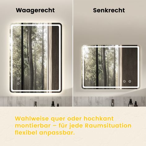 Miroir mural LED carré 60x80 cm, lumineux pour salle de bain, 3 modes de teinte réglables, intensité modulable, design sans cadre, fixation verticale ou horizontale, glace éclairée moderne. (1/5)