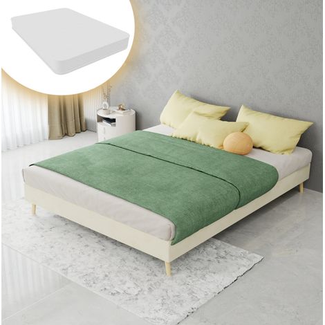 Cama moderna de tela y metal beige 140x200 cm, estructura baja con colchón incluido, sin cabecero (1/5)
