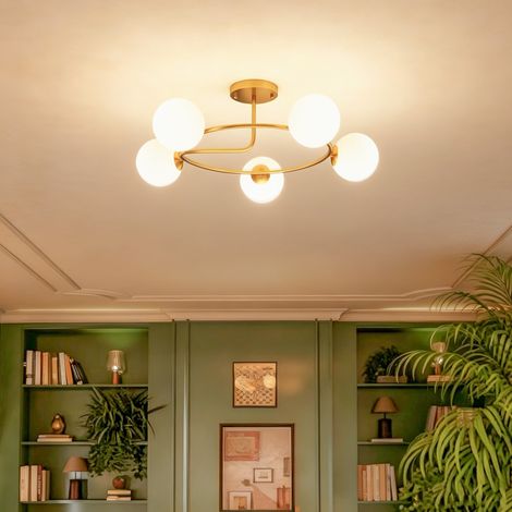 Plafonnier lustre moderne, luminaire plafonnier à 5 lumières avec culot G9, montage semi-affleurant, doré et blanc (1/5)