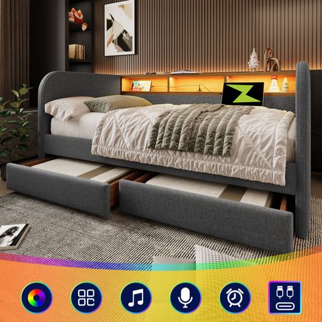 Lit de jour 140x190 – LED + USB-C – 2 tiroirs – Tête rangement – Lin gris – Sans matelas (1/5)