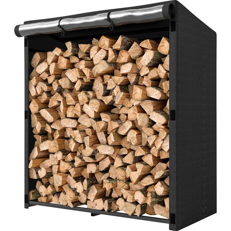 Porte-bûches extérieur cheminée, métallique, noir, charge 300 kg, 140x70x154 cm, couvercle étanche (1/5)