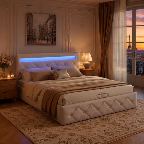 Lit coffre 160x200 cm, LED, port USB, tête de lit réglable capitonnée velours beige (1/5)