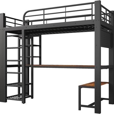 Metall-Hochbett 90 x 200 cm in Schwarz mit LED, Regalen, Schreibtisch und Ablagestange (1/5)
