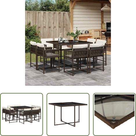 Chaises de jardin - Ensemble à manger de jardin et coussins 9 pcs marron poly rotin (1/5)