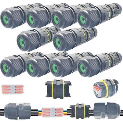 Waterproof junction box, 10-piece IP68 cable connectors, outdoor electrical box with external sleeve, coupler wire range 6-11 mm, 2/3-way extension cable connector (1/4)