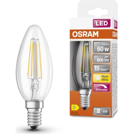 OSRAM LED Superstar Classic B60 LED Dimmibile LED per base E14, forma delle candele, FIL, 806 lumen, bianco caldo, 2700k, sostituzione per lampadine da 60 W convenzionali, 1 pacco
