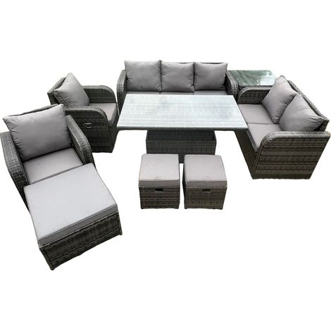Fimous Osier PE rotin ensemble salon de jardin extérieur hauteur réglable table à manger transat ensemble canapé avec table d'appoint 3 repose-pieds gris foncé mix (1/5)