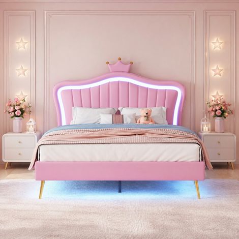 Kinderbett 140x200 mit LED Polsterbett Rosa verstellbar OKMYHOME (1/5)
