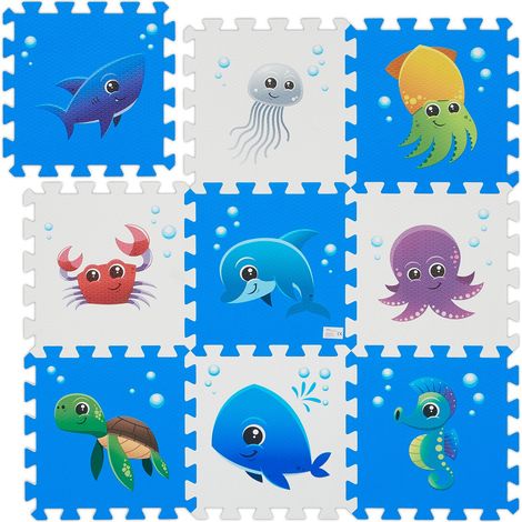 Relaxdays Tappeto Gioco Bambini, Tappetone Puzzle 9 Tasselli con Animali, Tappetino per Gattonare, Play Mat, Colorato