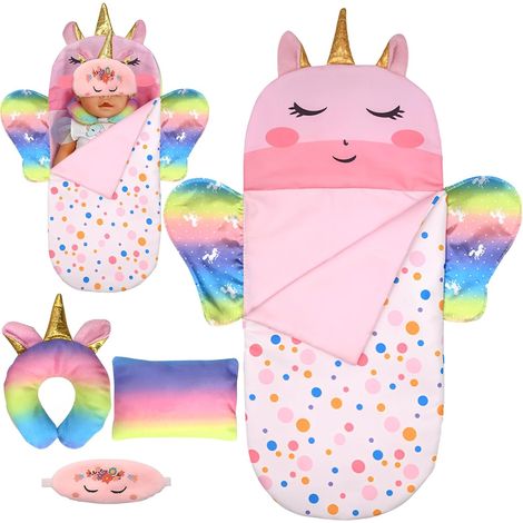 Gigoteuse Licorne Sac de Couchage Poupee avec Masque pour Les Yeux, reiller en Forme de U et Oreiller Carré Sac de Couchage Pliable Poupées, pour Poupées 25-38 cm Cadeau d'anniversaire pour Filles
