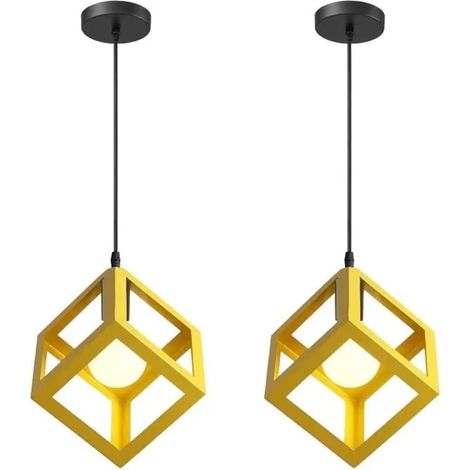 U-Do 2Pcs Lustre Suspension Carré en Fer Jaune E27 Ajustable Lustre Plafonnier Exquise Lampe Intérieur design Vintage pour Cuisine (1/4)