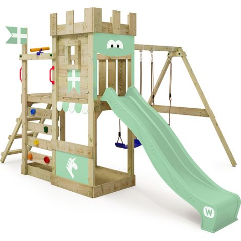 Wickey RoyalFlyer aire de jeu en bois avec balançoire et bac à sable en vert clair