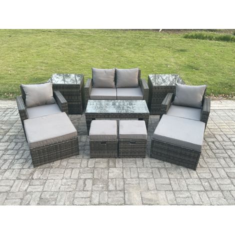 Fimous High Back Rattan Garden Furniture Sofa Sets with Rectangular Coffee Table 2 Side Tables Armchair 2 Big Footstool 2 Small Footstools Dark Grey Mixed (1/5)