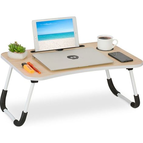 Table lit et canapé ordinateur portable, porte-tablette encoche gobelet, HxLxP: env. 26x63x40 cm, nature/blanc (1/5)