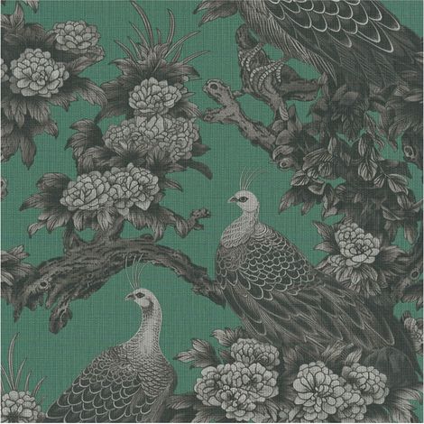 Birds wallpaper wall Profhome 399822 hot embossed non-woven wallpaper slightly textured with floral pattern matt green light grey black grey patina green 5,33 m2 (1/5)