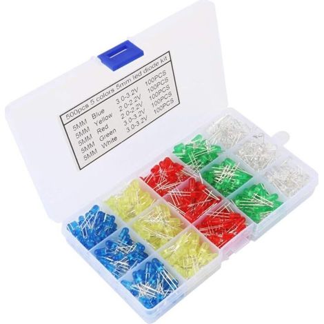 5-mm-LEDs – Packung mit 500 runden, mehrfarbigen LEDs (weiß, rot, gelb, grün, blau) für Elektronik- und DIY-Projekte