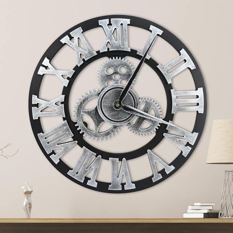 Reloj de pared grande de 40 cm, silencioso, sin tictac, estilo vintage, para el hogar, dormitorio, sala de estar, cocina, bar (plateado) (1/5)