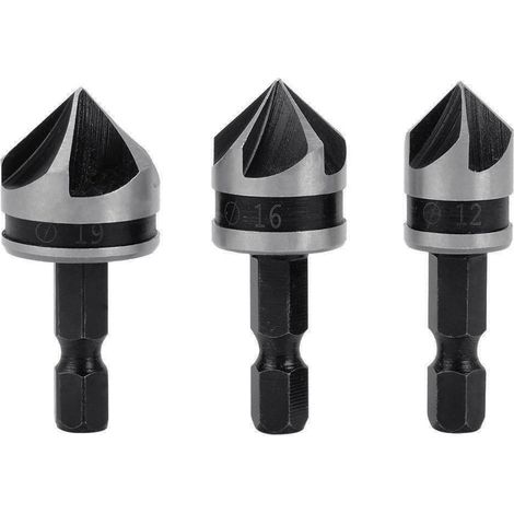 3 Stück 1/4 Zoll Sechskant-HCS-Senker-Bohrer mit 5 Nuten für Senker, Waschbecken, Senker, 12 mm/16 mm/19 mm, für Holz und Metall