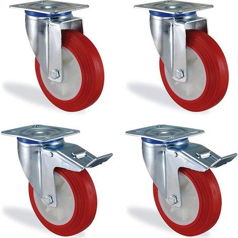 Lot de 4 roulettes pivotantes 80mm – Polyuréthane rouge – Charge 375kg – 2 avec frein pour matériel d'atelier – HTR
