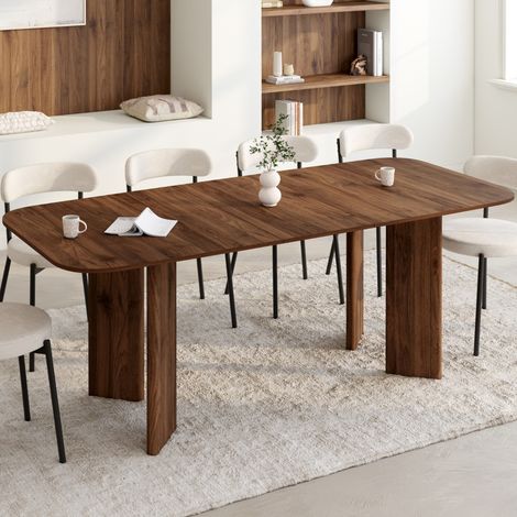 CAPUCINE Mesa de comedor redonda rectangular extensible para 6-10 personas con 4 patas redondeadas de nogal 160-200 cm (1/5)