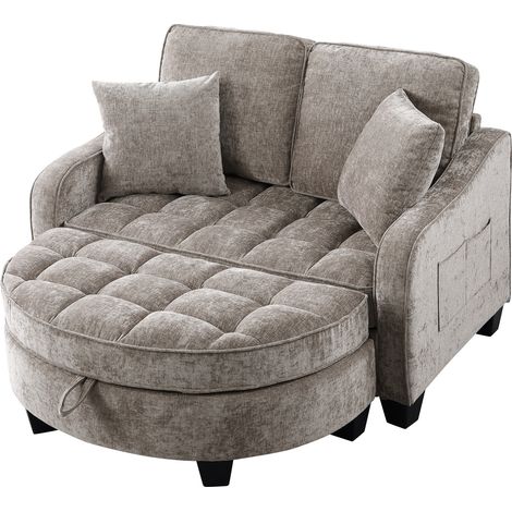Sofa convertible 2-en-1 avec pouf de rangement en bois d'eucalyptus pour petits espaces, beige/gris/blanc (1/5)