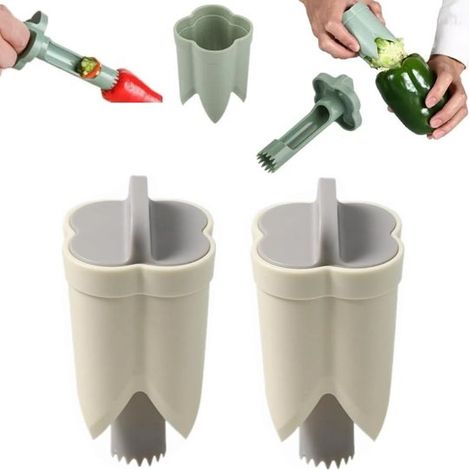 Taladro de semillas de pimiento de 2 piezas, Cortador de pimientos 2 en 1, Cortador rápido para quitar el corazón de los pimientos, Beige, verde (1/5)