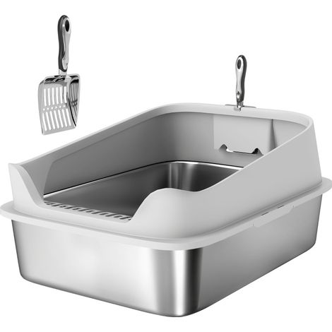 Offene Edelstahl-Katzentoilette mit Schaufel, hohe Ränder, 69,8 x 50,3 x 29,8 cm, grau OKMYHOME (1/5)